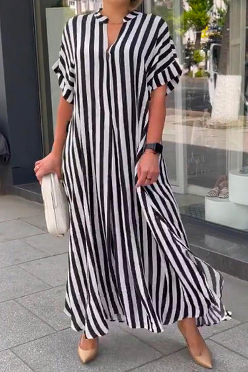 Priyavil Striped V Neck Side Split Oversized Maxi Shirt Dress