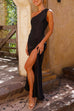 Priyavil Sleeveless One Shoulder Slit Satin Maxi Dress