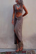 Priyavil Deep V Neck Sleeveless Crop Top Twist Waist Slit Skirt Set