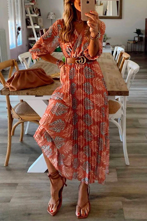 Priyavil V Neck Half Sleeves Tropic Printed Pleated Maxi Holiday Dress