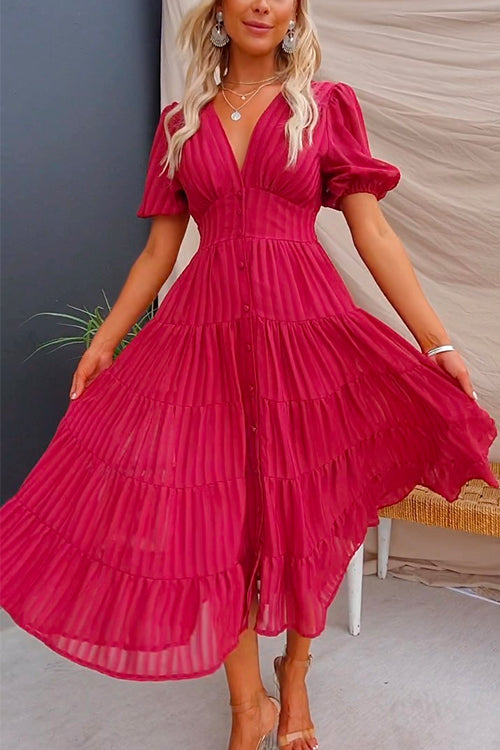 V Neck Button Down Ruffle Tiered Pleated Midi Swing Dress