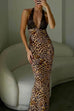 Priyavil Backless V Neck Lace Splice Printed Maxi Bodycon Dress