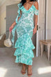 Priyavil V Neck Ruffle Layered Printed Mermaid Maxi Cami Dress
