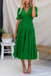 V Neck Button Down Ruffle Tiered Pleated Midi Swing Dress