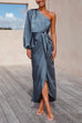 Priyavil One Shoulder Tie Waist Satin Tulip Maxi Party Dress