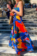Priyavil Halter Sleeveless Tie Waist Printed Swing Maxi Holiday Dress