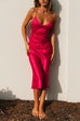 Priyavil Deep V Neck Tie Back Printed Satin Cami Dress