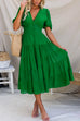 V Neck Button Down Ruffle Tiered Pleated Midi Swing Dress