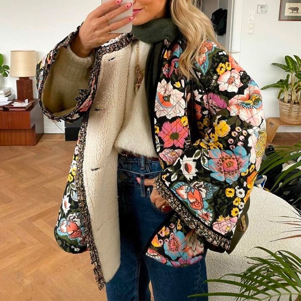 Priyavil Bell Sleeves Ruffle Trim Fleece Lined Floral Coat