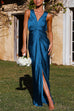 Priyavil V Neck Twist Front Slit Maxi Satin Dress