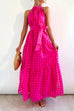 Priyavil Mockneck Tie Waist Ruffle Tiered Plaid Mesh Maxi Swing Dress