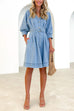 V Neck 3/4 Sleeves Button Up Belted Denim Shirt Dress