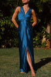 Priyavil V Neck Twist Front Slit Maxi Satin Dress