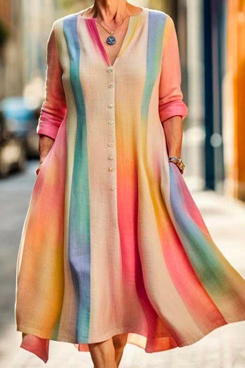 Priyavil Buttons V Neck 3/4 Sleeves Rainbow Midi Swing Dress