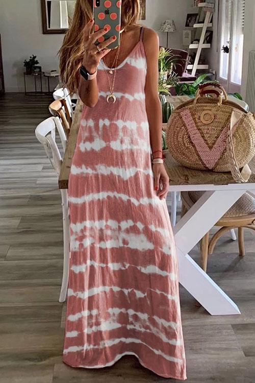 Priyavil V Neck Sleeveless Tie Dye Casual Maxi Dress