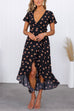 Vintage Ruffle V Neck Tie Waist Polka Dot Wrap Midi Dress