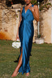 Priyavil V Neck Twist Front Slit Maxi Satin Dress