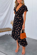Vintage Ruffle V Neck Tie Waist Polka Dot Wrap Midi Dress