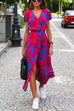 Priyavil V Neck Tie Waist Printed Wrapped Long Holiday Dress