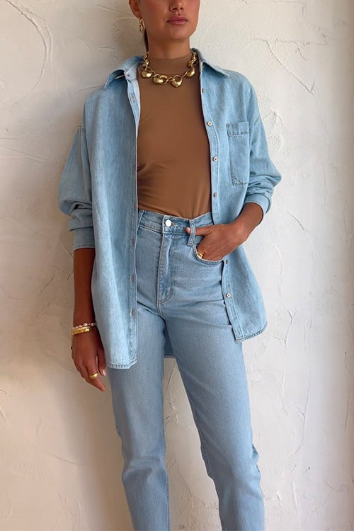 Classic Distressed Long Sleeves Relaxed Fit Denim Shirt
