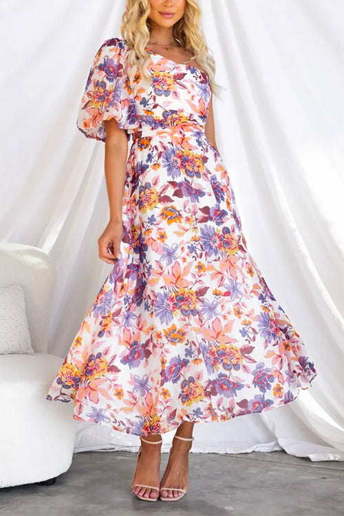One Shoulder Puff Sleeve Waisted Floral Midi Swing Dress