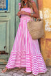 Priyavil Striped Bow Knot Shoulder Smocked Ruffle Maxi Holiday Dress