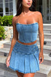 Priyavil Crop Tube Top High Rise Slit Pleated Mini Skirt Denim Set
