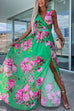 Priyavil Halter Wrap V Neck Waisted High Slit Printed Maxi Holiday Dress