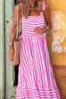 Priyavil Striped Bow Knot Shoulder Smocked Ruffle Maxi Holiday Dress