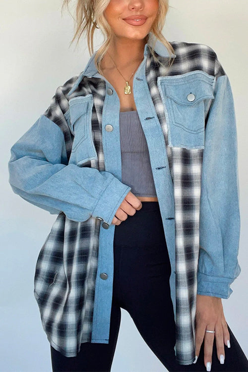 Priyavil Button Up Pocketed Plaid Splice Shacket