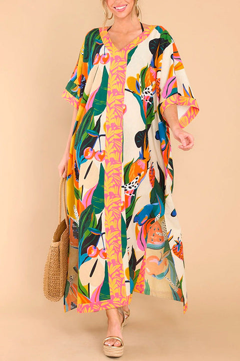 Priyavil Kimono Sleeves Side Split Tropic Print Maxi Caftan Dress