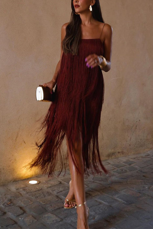 Priyavil Layered Fringe Tassle Cami Party Dress