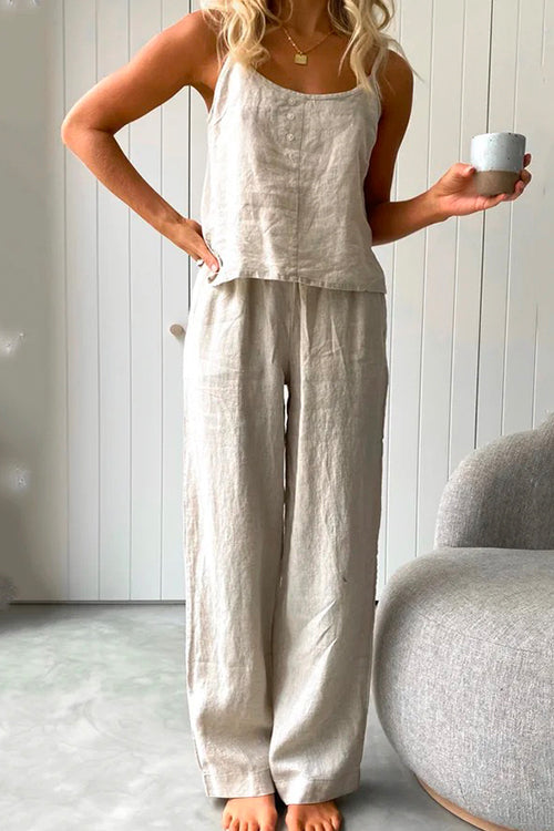 Priyavil Cotton Linen Cami Top Wide Leg Pants Loungewear Set