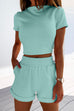 Priyavil Short Sleeve Crop Top Elastic Waist Rolled Hem Shorts Set