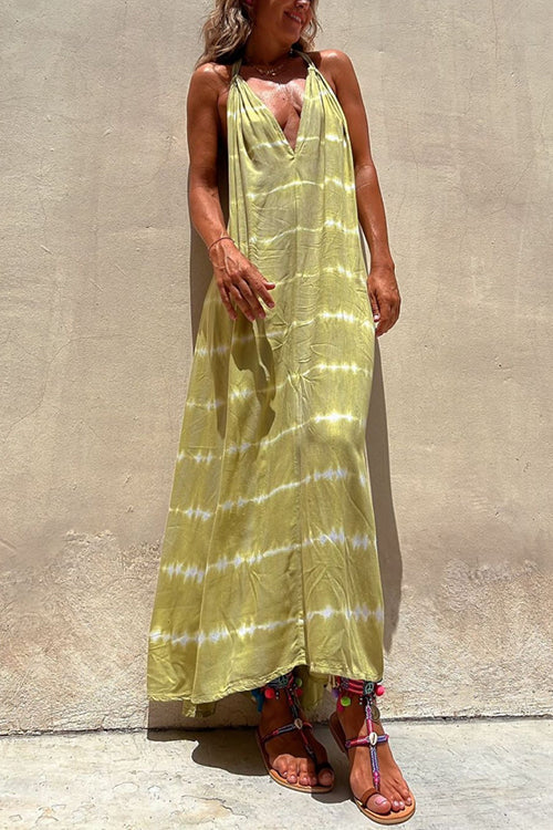 Priyavil Halter V Neck Backless Tie Dye Maxi Holiday Dress