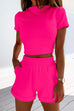 Priyavil Short Sleeve Crop Top Elastic Waist Rolled Hem Shorts Set