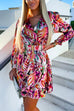 Priyavil Printed V Neck Long Sleeve Belted Ruffle Swing Dress