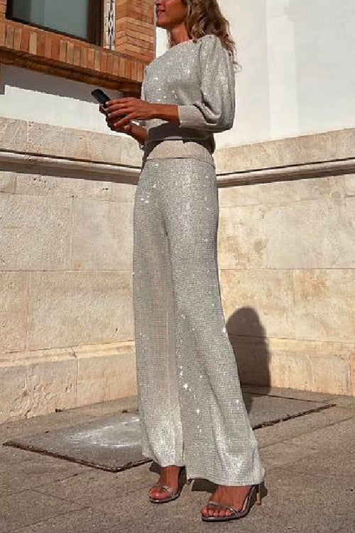 Glam Round Neck Lantern Sleeves Pullover Wide Leg Pants Sequin Two-piece Set