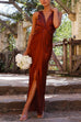 Priyavil V Neck Twist Front Slit Maxi Satin Dress