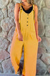Priyavil Scoop Neck Buttons Wide Leg Solid Cotton Linen Overalls