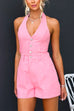 Halter V Neck Button Up Sleeveless Shorts Romper