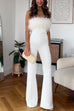 Priyavil Strapless Feather Tube Top Flare Bottoms Jumpsuit