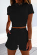 Priyavil Short Sleeve Crop Top Elastic Waist Rolled Hem Shorts Set