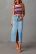 Priyavil High Rise Raw Hem Slit Front Denim Midi Skirt