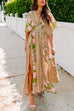 Priyavil V Neck Kimono Sleeves Side Split Printed Maxi Holiday Dress