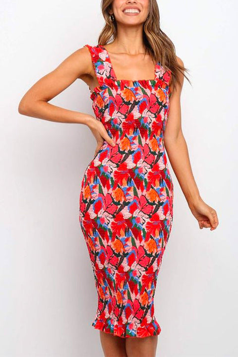 Priyavil Square Collar Floral Smocked Midi Bodycon Dress