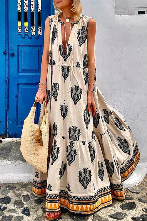 Priyavil Tassle Deep V Neck Sleeveless Printed Maxi Swing Holiday Dress