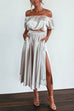 Priyavil Off Shoulder Crop Top Side Split Midi Skirt Satin Set