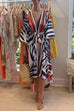 Priyavil V Neck Lantern Sleeve Tie Waist Printed Irregular Swing Dress