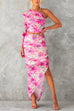 One Shoulder Long Sleeve Crop Top Maxi Bodycon Skirt Floral Print Set
